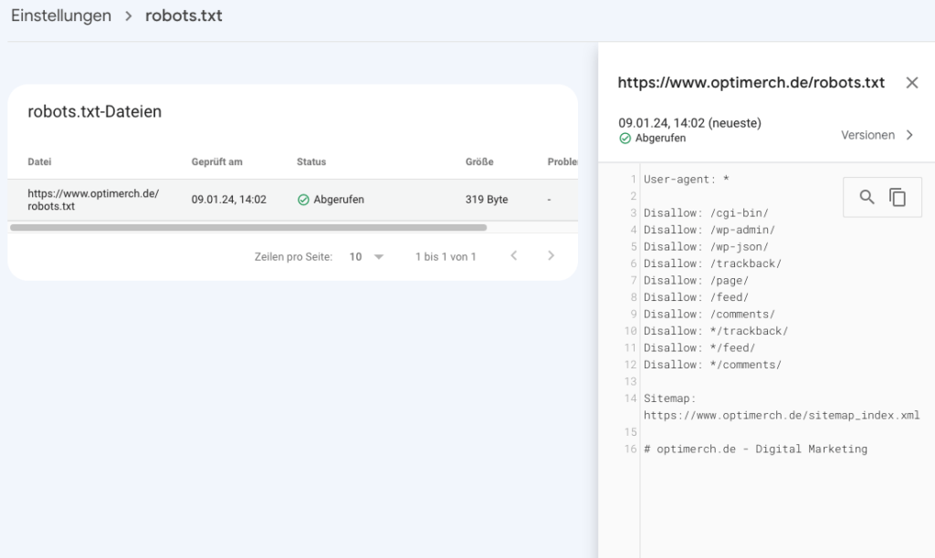 Übersicht robots.txt in Google Search Console