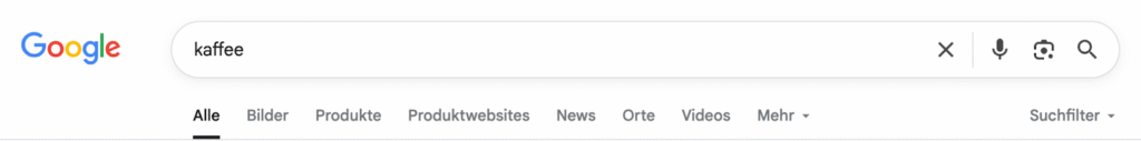 Ein Screenshot der Google Search Bar bzw. Google Suchleiste mit dem Keyword Kaffee